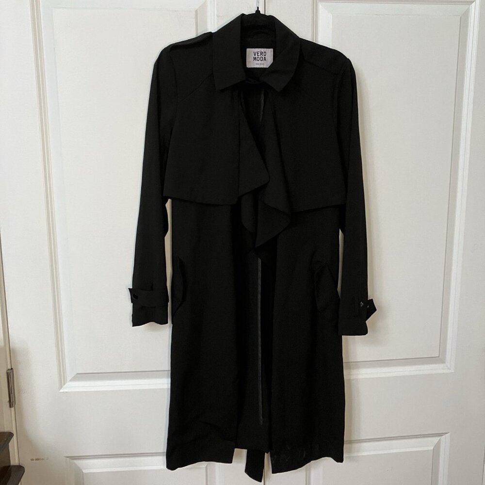 Vero Moda‎ Trench Coat Womens M Black Waterfall Open Front Belted Classic